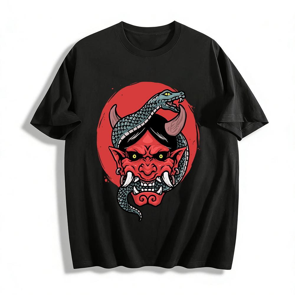 Japanese Red Oni Snake Print Cool Casual Short Sleeve Top Pure cotton T-shirt XXS