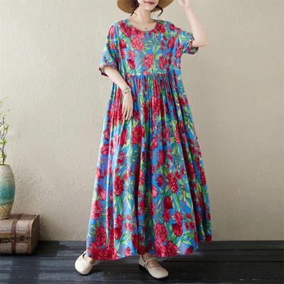 Κοντό μανίκι Plus size βαμβακερό vintage φλοράλ νέο σε φορέματα για γυναίκες casual φαρδύ μακρύ καλοκαιρινό φόρεμα