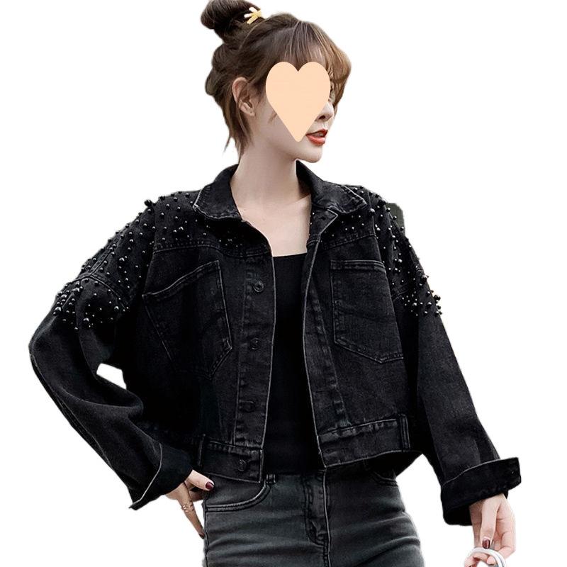 Women Jean Jacket Pearls Beading Spring Autumn Long Sleeve Pockets Denim Jackets Women Loose Outwear Female
