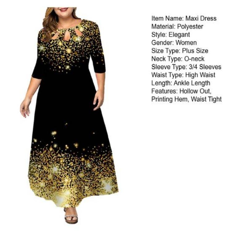 A Line High Waist Maxi Dress Printing Sleeve Loose Hem Hollow Out Gown 44989
