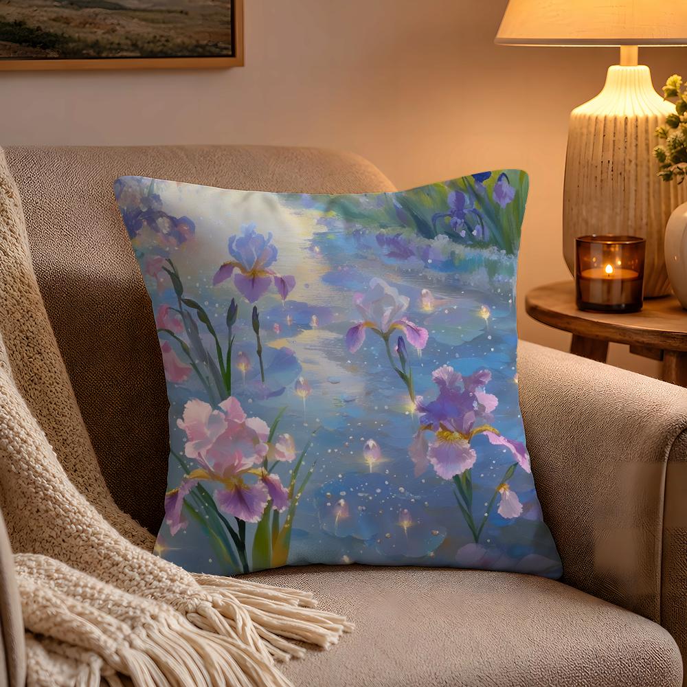 fashion Iris Pillow Case Soft Plush Cushion Cover Double Print and Invisible Zipper for Sofa Home Car Use