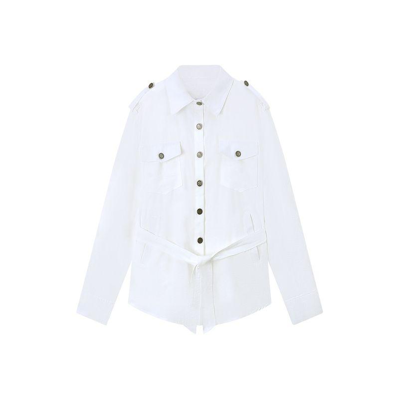 Elegant Old Qian Style Polo Collar Long Sleeves Shirt Women's Autumn Loose Cinched Blouse Niche Style White Mid-Length Tops