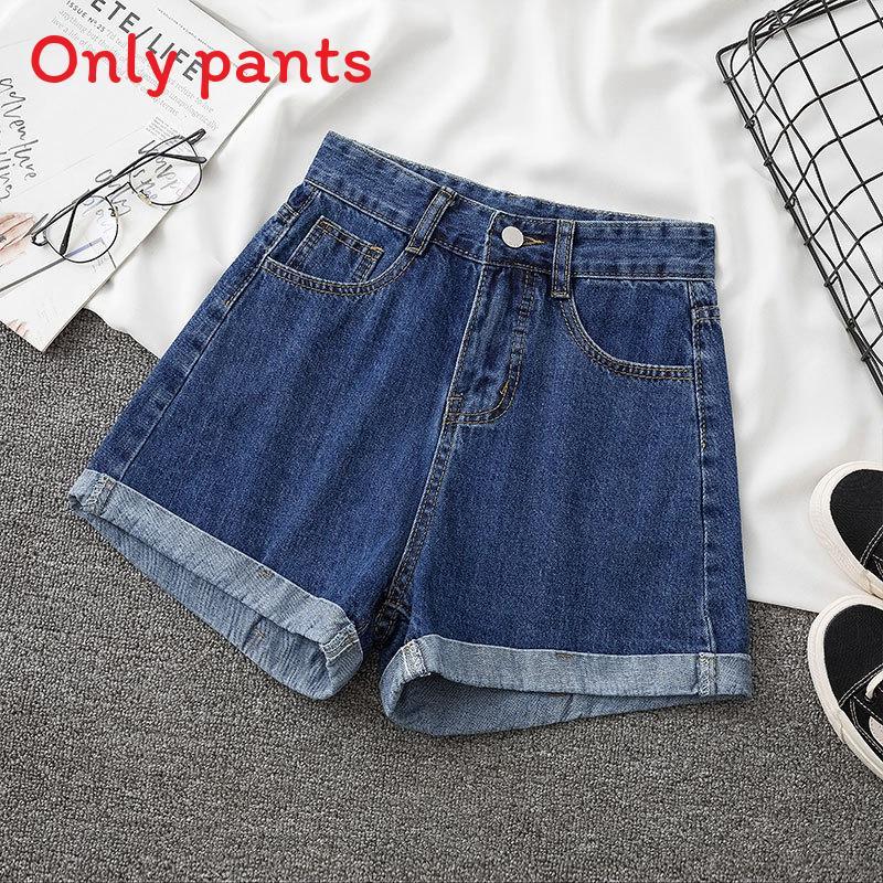 Basic-Baumwoll-Denim-Shorts für Damen, Sommer, hoher Bund mit umgeschlagenen Kanten, Freizeitkleidung