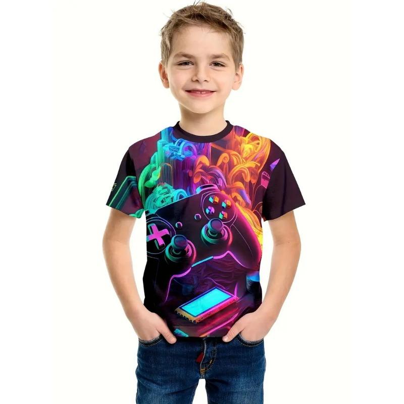 

Summer Round Neck 3D Game Console Printed Top Fashionable Casual Short Sleeved Children s Boy T-shirts 170