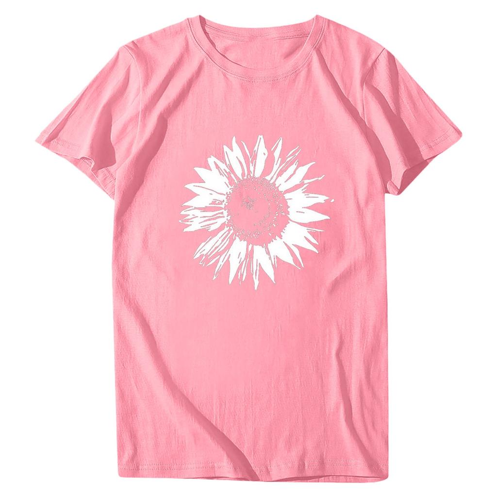 Women Fashion Flower Printing O-Neck Short T-Shirt Loose Blouse Top Shirt