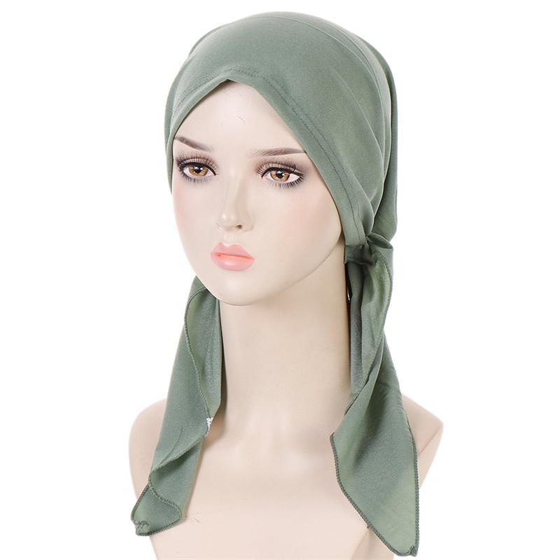 Ramadan Muslim Women Hijab Caps Solid Color Ladies Headscarf Soft Hijab Turban Bonnet Two Tail Bandana Hat Chemo Cap
