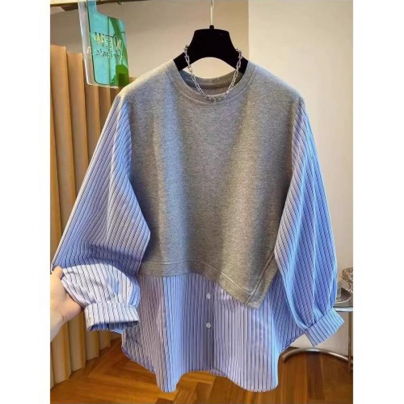 Damen Übergröße Gestreiftes Zwei-in-Eins Sweatshirt - Schlankmachendes Langarm-Oberteil für den frühen Herbst 2025