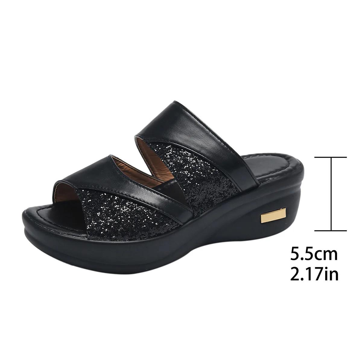 

Летние босоножки на высоком каблуке с открытым носком, сандалии на танкетке с блестками, женская повседневная обувь, слинги, легкие сандалии для женщины 43 чёрный