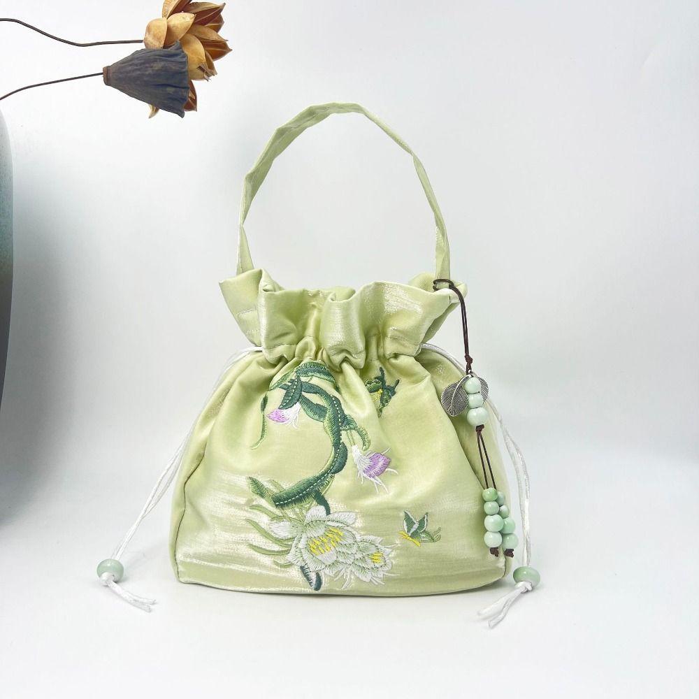 Ethnic Embroidery Drawstring Bag Silk Satin Shoulder Bag Chinese Ancient Crossbody Bag