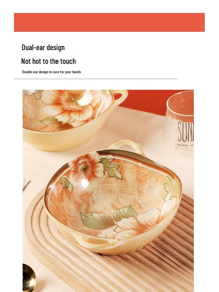 Jasmine 8-Inch Double-Ear Ceramic Bowl – Japanese Style Soup, Salad, or Fruit Bowl with Creative Underglaze Design