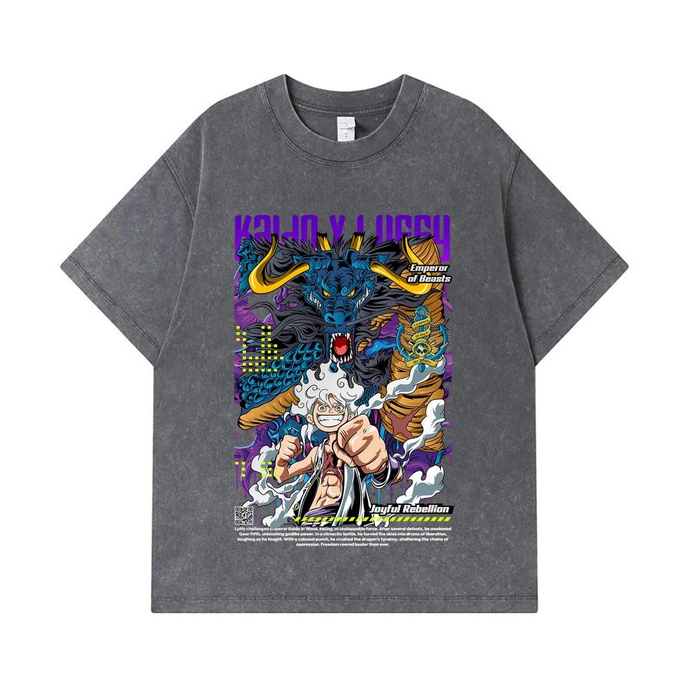 275 GSM Washed T-shirts 100% Cotton One Piece V35 Luffy Kaido Print Unisex Heavy Cotton T Shirt