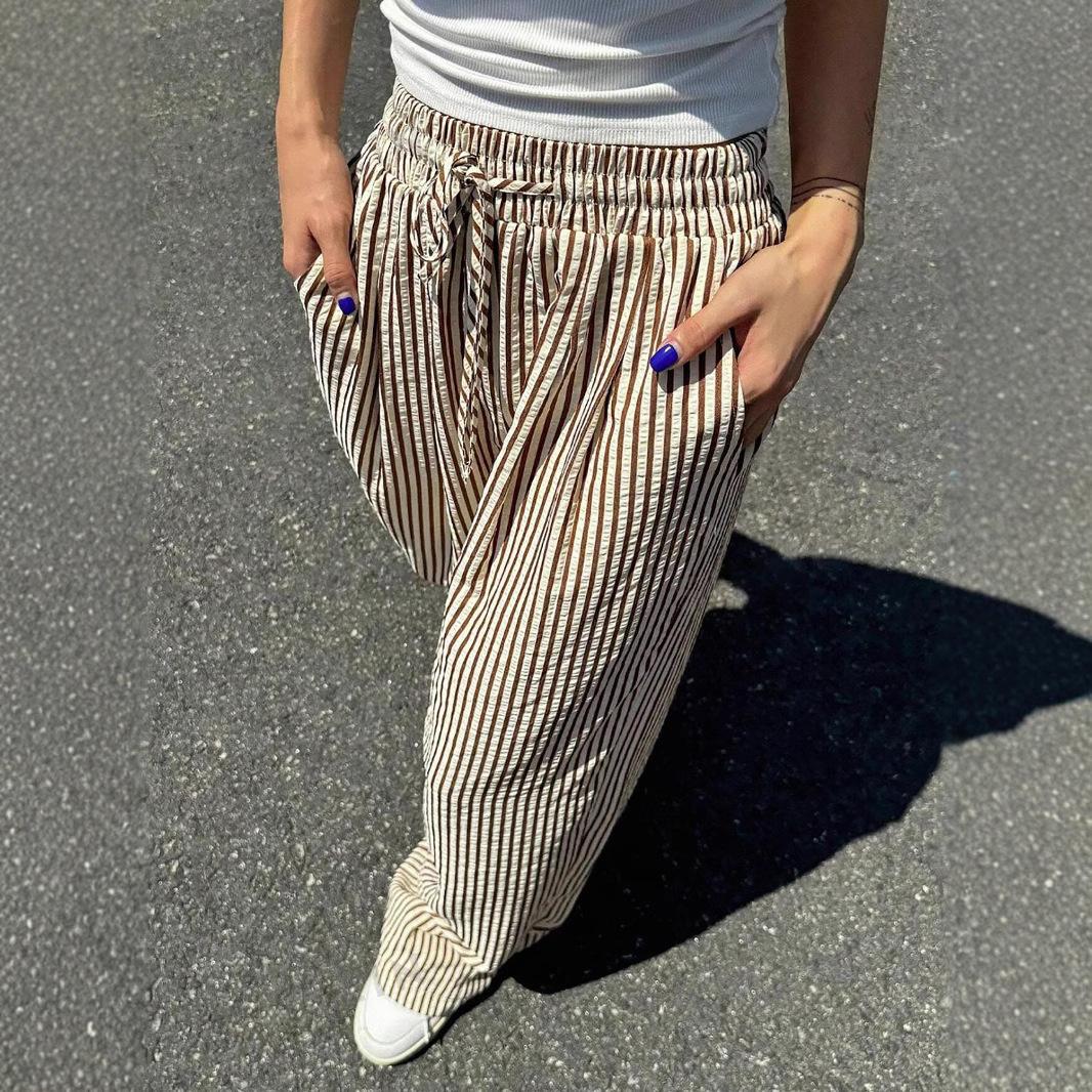 Plus Size Europe and The United States Cross-border Spring and Summer Striped Pocket Elasticated Waist Wide-leg Trous S коричневый