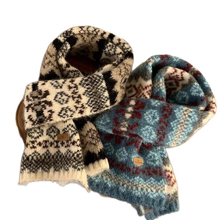 Fair Island Style Retro Blue Knitted Scarf Female Winter Korean Atmosphere Student Thickened Warm Scarf
