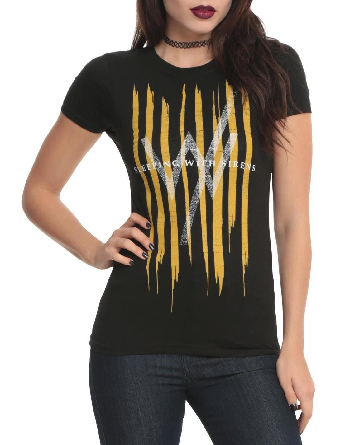 Sleeping With Sirens Juniors Yellow Stripes Black Girls Shirt NWT L, 2XL S