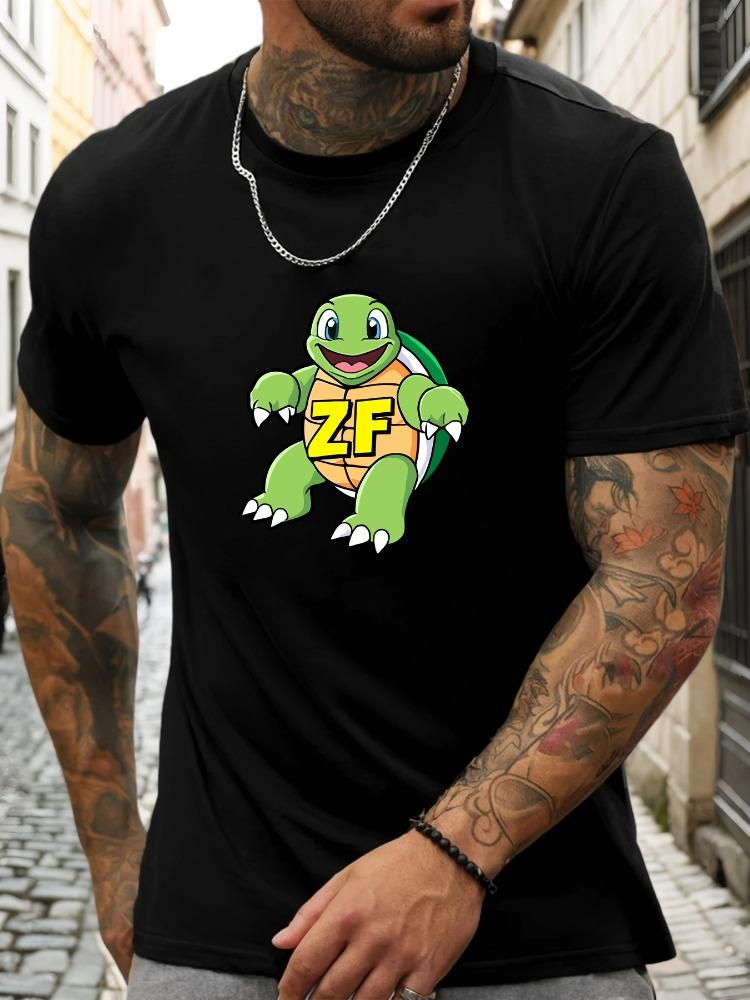 Unisexs Basic Cotton Crew Tee Cartoon Smiling Turtle Zf Initial Letter Cute Animal Print Casual Street Male Daily Short Sleeve Top