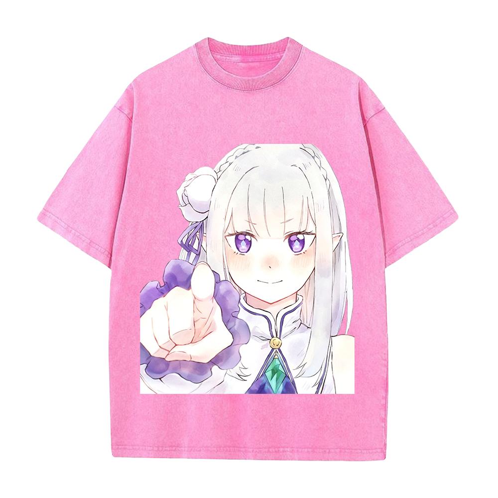 Emilia Re ZERO Kawaii Graphic T Shirt Men Women Short Sleeve Cotton Tshirts Vintage Washed Tee Harajuku Male Oversized T-shirt