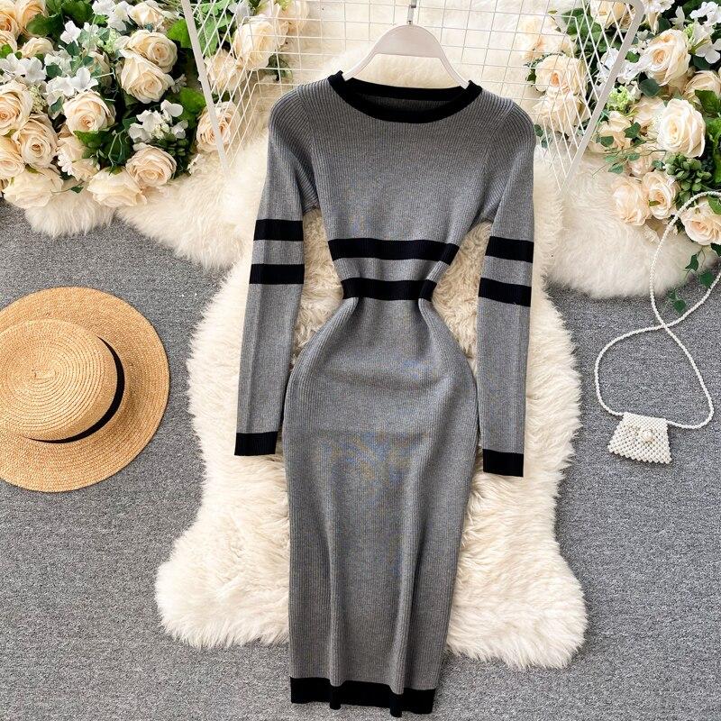 New Autumn Knitting Sweater Dress Women Solid Knitted Sexy Bandage Sheath Bodycon Sundress