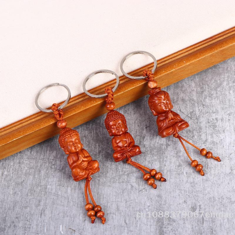 [ZY]Ethnic Style Buddhism Carving Pendant Key Holder Wooden Keychain Bag Hanging Jewelry Gift Praying For Peace And Good Fortune