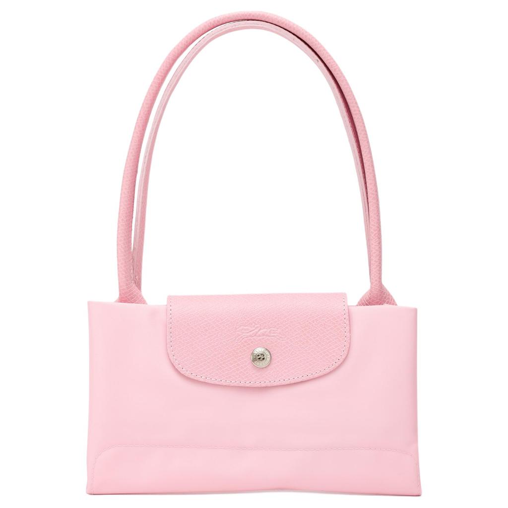 Longchamp Le Pliage Green Effen Kleur Geborduurd Logo Ritssluiting Drukknop Leer Tote Boodschappentas Handvat Schouderband Medium 2605919P75