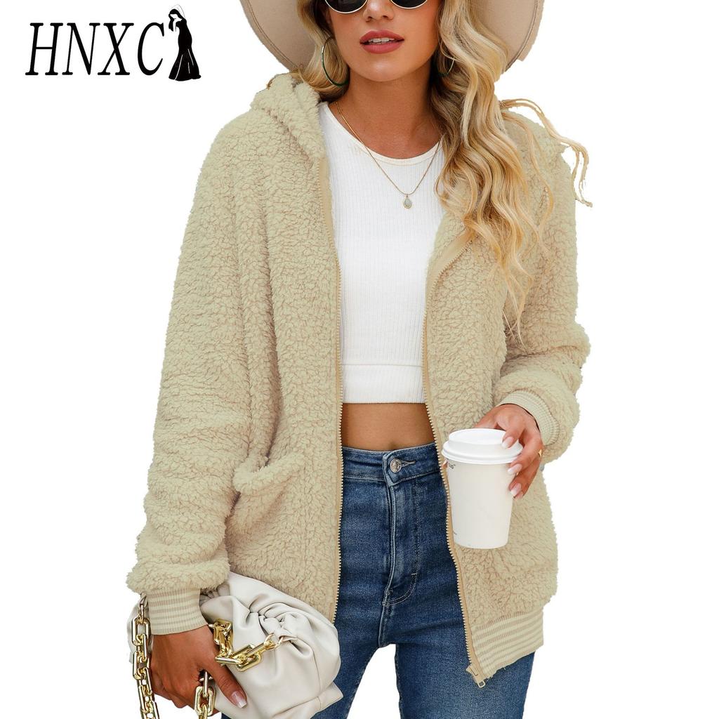 HNXC Casual Autumn Women's Long-sleeved Hooded Zipper No-iron Solid Color Loose Mid-length Bubble Fleece Jacket