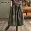 Vintage Plaid Midi Skirts Women Baggy High Waist A-line Thicker French Style Pockets Mujer Bottoms Fashion Elegant