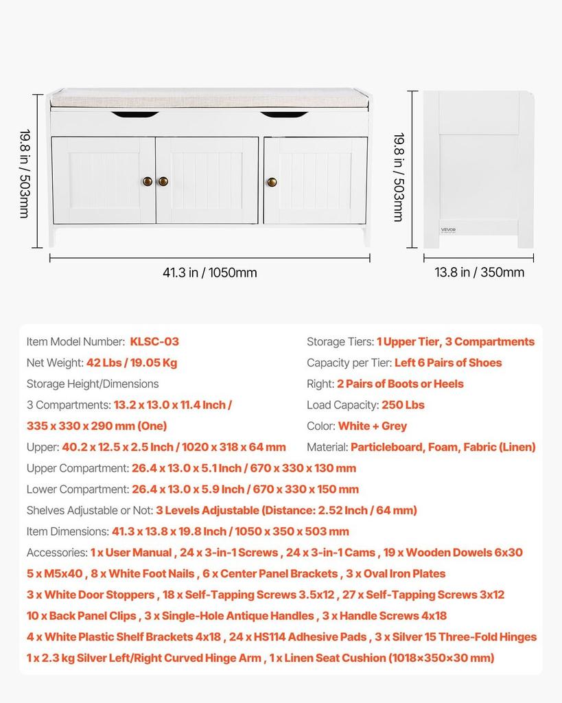 Shoe Bench, 1050 X 350 X 503 Mm Entryway Bench with Lift Top Storage and Seat Cushion, 250lbs Shoe Storage Rack with 3 Cabinets and Height Adjustable