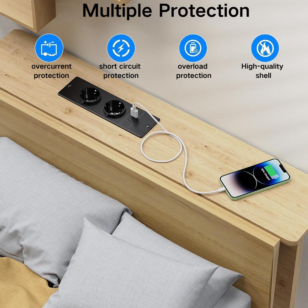 Recessed Power Strip with 2 Sockets USB A USB C Ports Embedded Furniture Charging Station for Desk Nightstand Cabinet