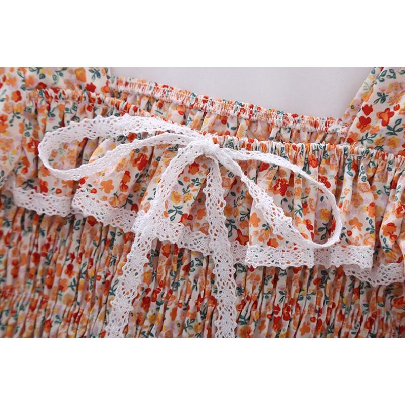 Broken Flower Sweet Puff Sleeve Women Blouse Slim Elastic Waist Square Neck Short Sleeve Top Lace Bow Decoration Fairy Casual