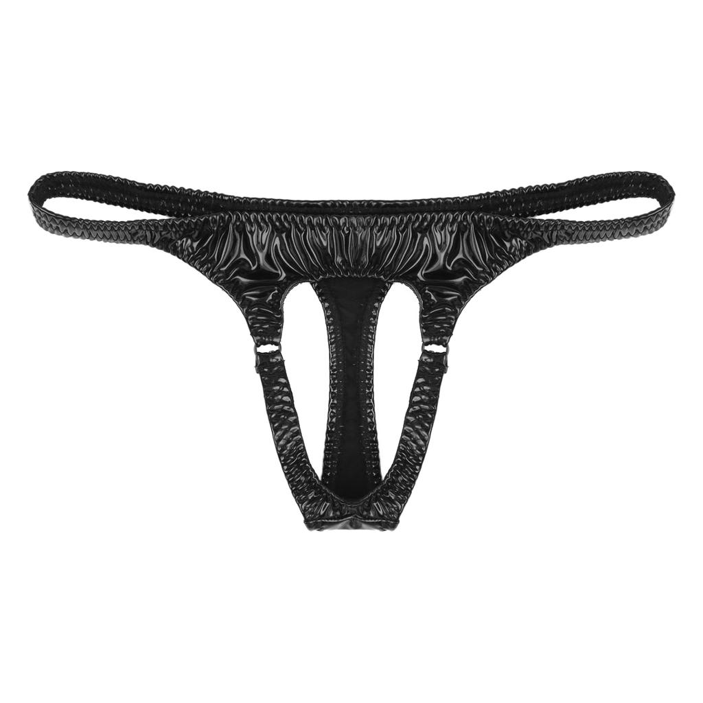 Mens Hollow Out Front Thong Wet Look Patent Leather G-String Underwear Low Rise T-back Underpants