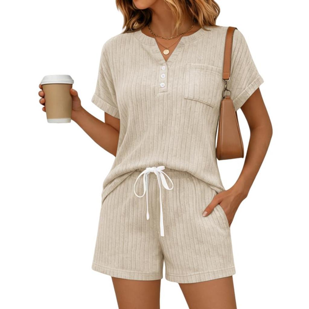 Women's Summer Fashion Casual -Color V-Neck Button-Down Short-Sleeve Top And Drawstring Pocket Shorts Two-Piece Set