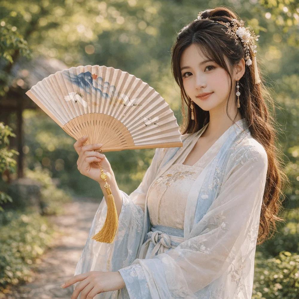 Vintage Bamboo Folding Fan Crane Pattern Traditional Double Side Fan with Tassel Classical Carved Hollowed-Out Fan
