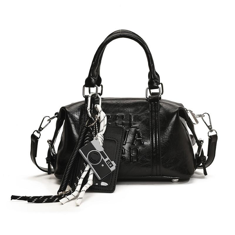 Letter Compact Pu Boston Bag With Seam Details For Casual Outings