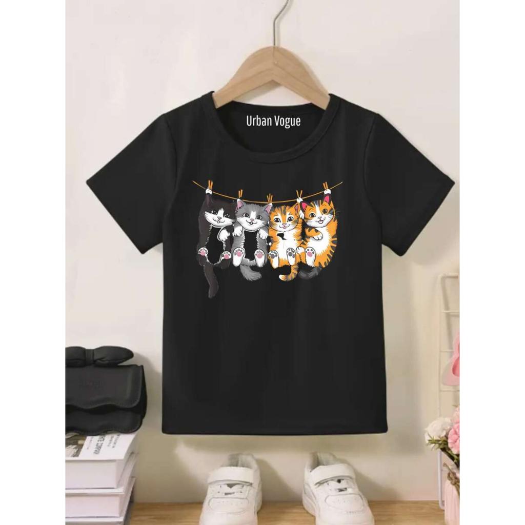Camiseta Infantil menina Gatinhos no Varal Blusa Básica Menina de Manga Curta com Estampa