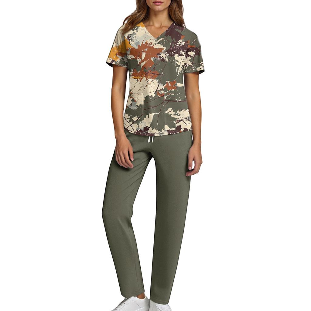 Plus SizePrinted Scrub Working Uniform Tops para mulheres Cross V-neck Halloween Print manga curta camisetas divertidas Workwear Tee com bolsos