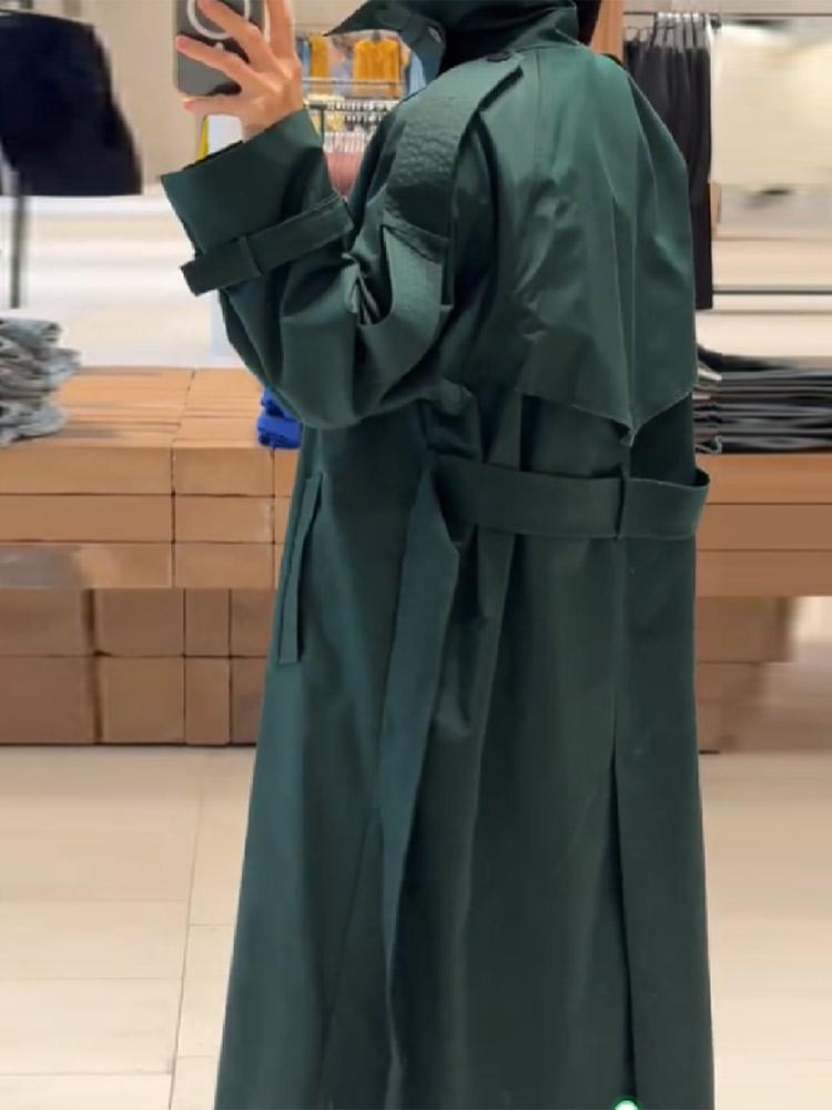 Gabardina Larga Otoño 2025 Estilo Coreano con Solapas Europeas y Americanas y Cinturón a la Cintura - Ropa de Abrigo Versátil para Mujer