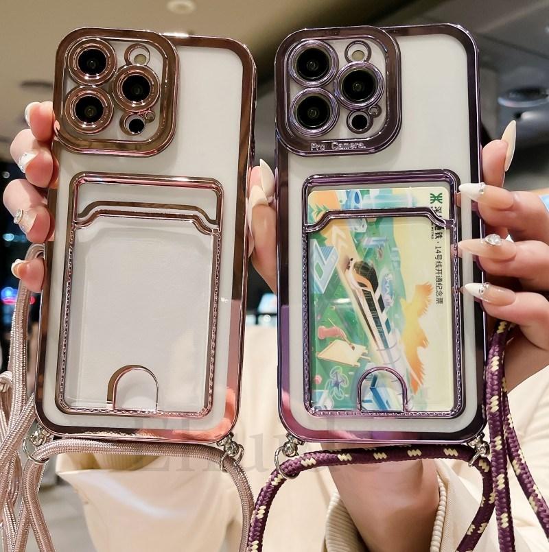 Crossbody Strap Plating Case For Samsung Galaxy A55 A35 A25 A15 A54 A34 A24 A14 S24 Ultra Lanyard Necklace Clear Wallet Cover