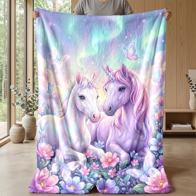 Unicorns Among Flowers and Butterflies Theme blanket Lightweight Warm Flannel Blanket Decorative Throw Blanket for Home Decoration