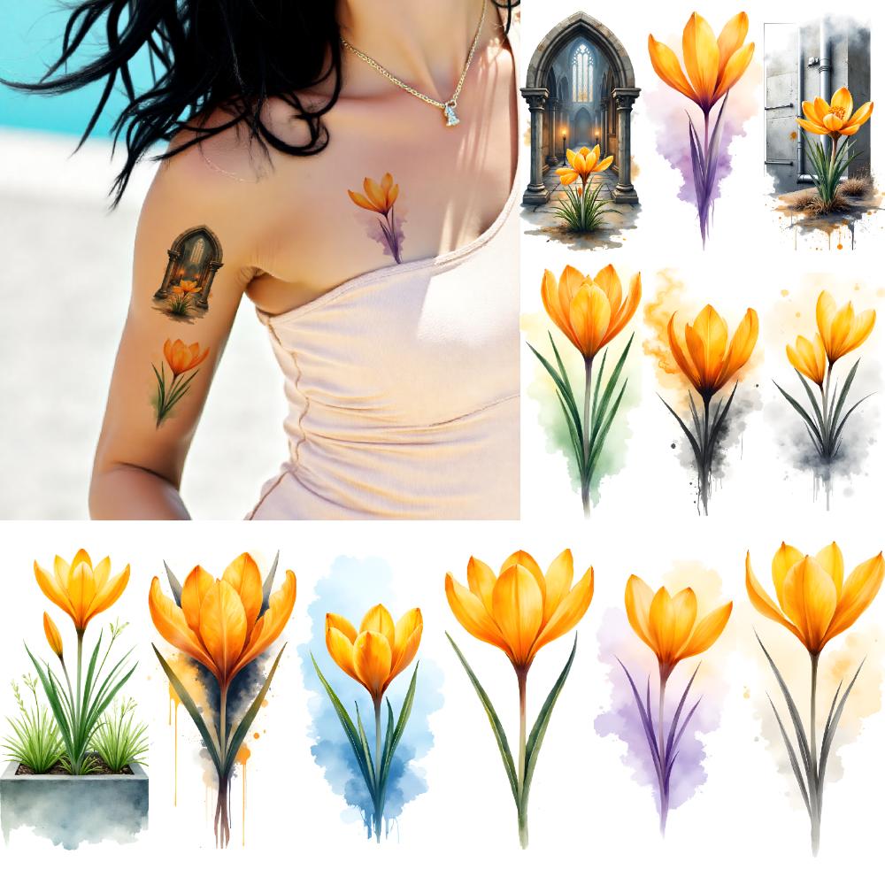 9pcs Temporary Tattoo Flower Tattoos Watercolor Yellow Floral Designs Temporary Tattoo Stickers For Ladies Arms Chest