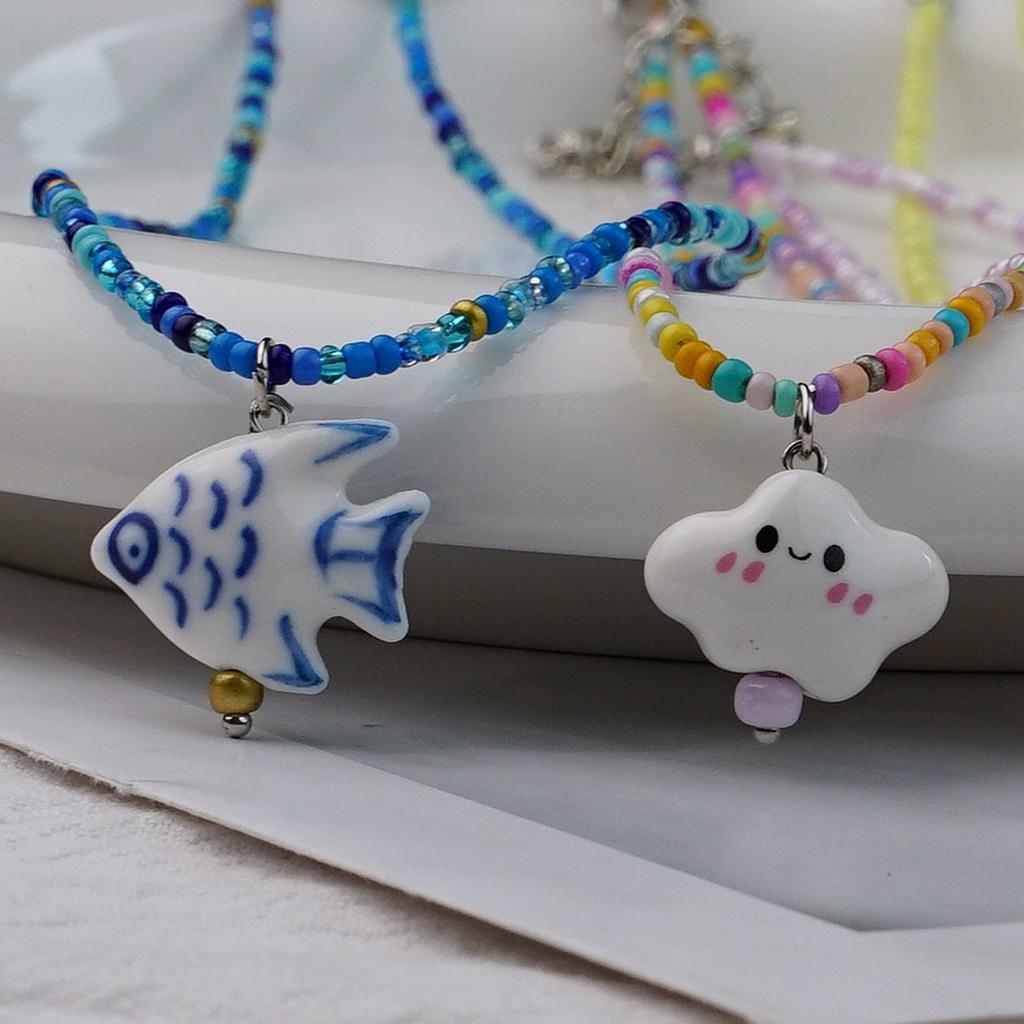 Bohemian Rice Beads Colored Beaded Ceramic Clouds Cute Fresh Necklace Neck Chain Collarbone Chain