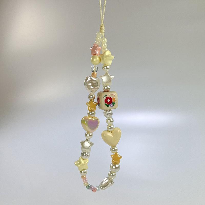 Y2K Korea Flower Stars Beaded Phone Lanyard Ins Style Phone Chain Anti Lost Wristband Keyring Girly Sweet Ccd Camera Pendant