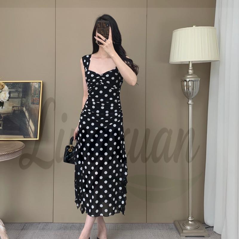 Elegant Polka Dot Mesh Camisole Dress with Waist-Cinching Slim Fit Medium чёрный