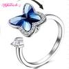 Hfarich Blue Crystal Butterfly Ring Rotate Freely Anti Stress Anxiety Ring For Women Girl Wedding Jewelry Engagement Gifts