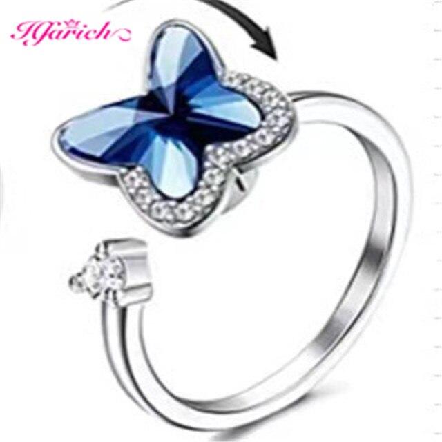 Hfarich Blue Crystal Butterfly Ring Rotate Freely Anti Stress Anxiety Ring For Women Girl Wedding Jewelry Engagement Gifts