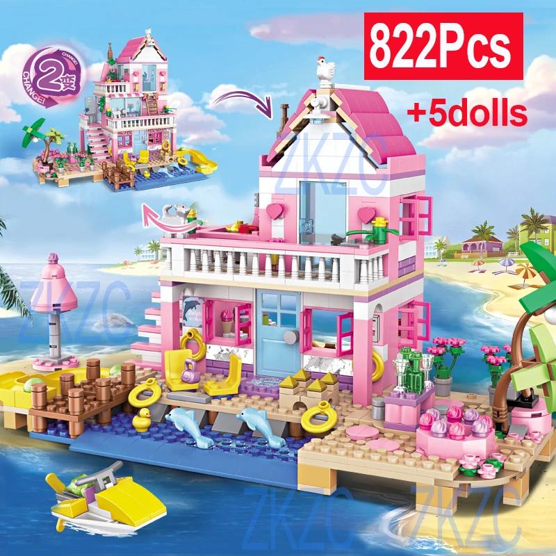 1 Änderung 2 Freunde Stadthaus Sommerurlaub Villa am Meer Wohnung Rutsche Bausteine Sets Figuren Spielzeug für Kinder Mädchen Geschenk