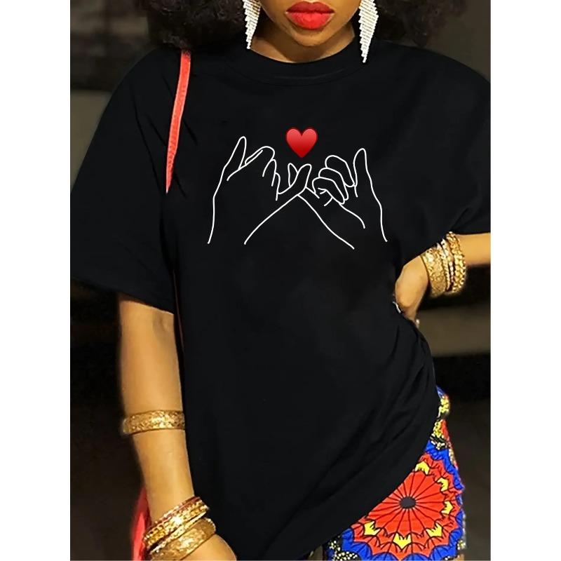 European Size Heart Print Casual Round Neck Short Sleeve T-Shirt Top