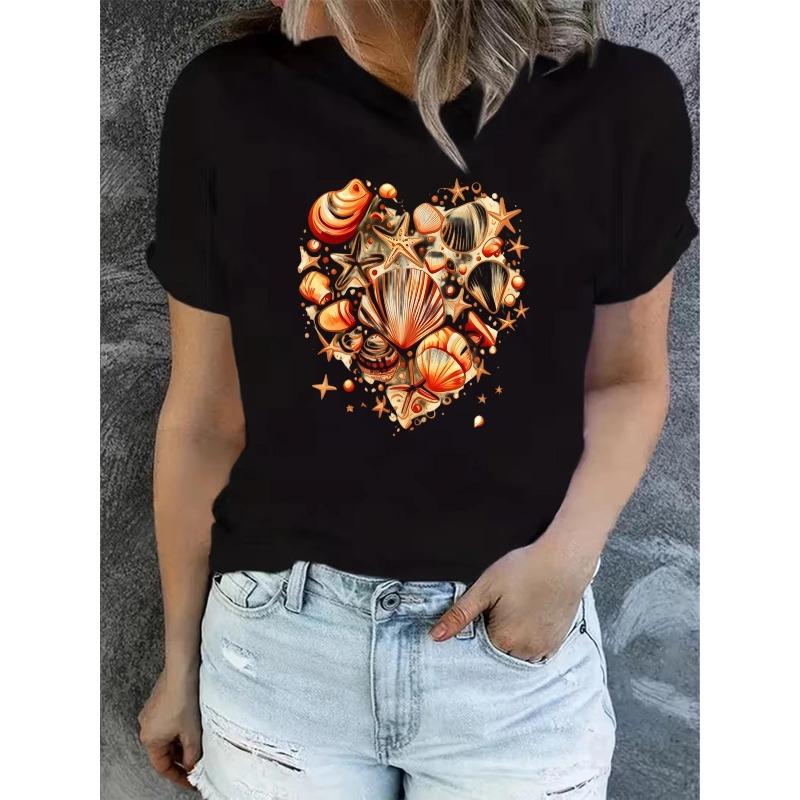 Women's Summer Short-Sleeve Printed T-Shirts, Fashionable and Casual, Machine-Washable Comfortable Fit 2D Flat Printing, 2D Flat