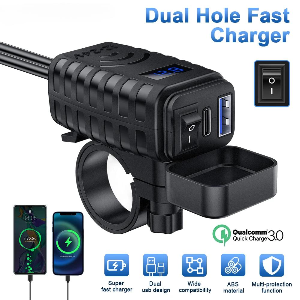 Motorcycle 48W Mobile Phone Quick Charger Waterproof and Dustproof  Intelligent Fast Charging Voltage Display ON/Off