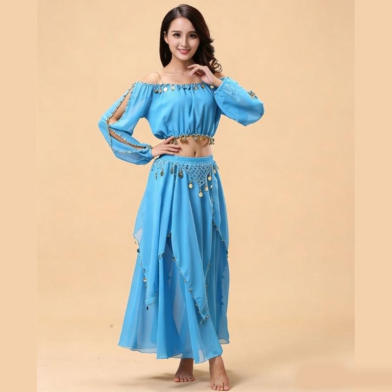 Set Costume Danza del Ventre a Maniche Lunghe da 2 Pezzi per Donne Tessuto Morbido in Chiffon Outfit da Ballo Outfit per Esibizioni Professionali