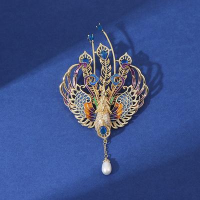 Broche Phénix Émail Luxe Style Chinois Cent Oiseaux Chaofeng Perle Naturelle Pompon Intelligent Accessoires de Costume Haut de Gamme