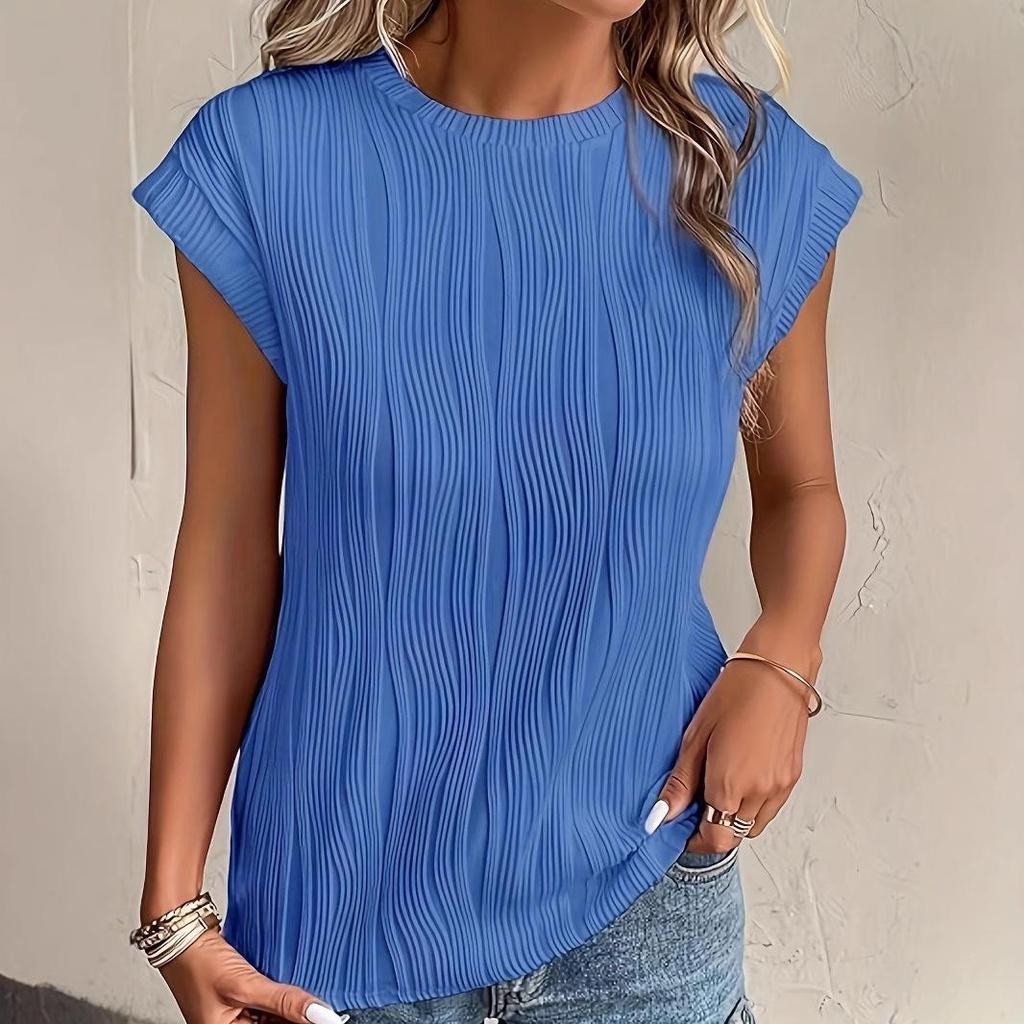 2025 Women's Round Neck Textured Short Sleeve T-shirt - European & American Style